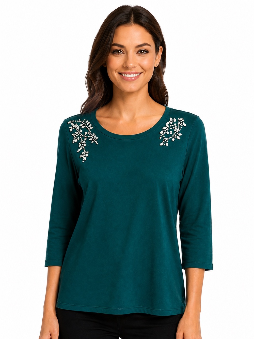 Chico's Size M Green Embroidered Jewel-Neck 3/4 Sleeve Sweater Top